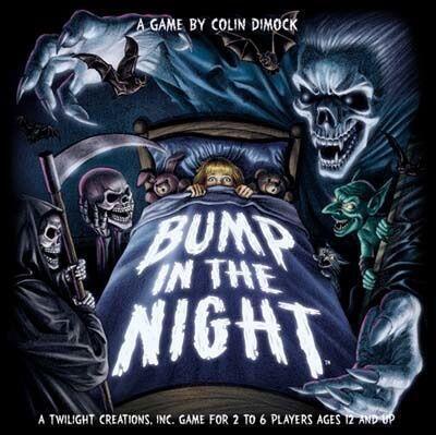Bump in the Night spelbox med barn i säng omgiven av monster i tecknad skräckstil.