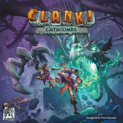 Clank! Catacombs spelbox med äventyrare som flyr genom katakomber och en skelettdrake i bakgrunden.