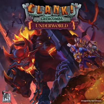 Clank! Catacombs: Underworld spelbox med äventyrare i ett eldigt underjordiskt rike.