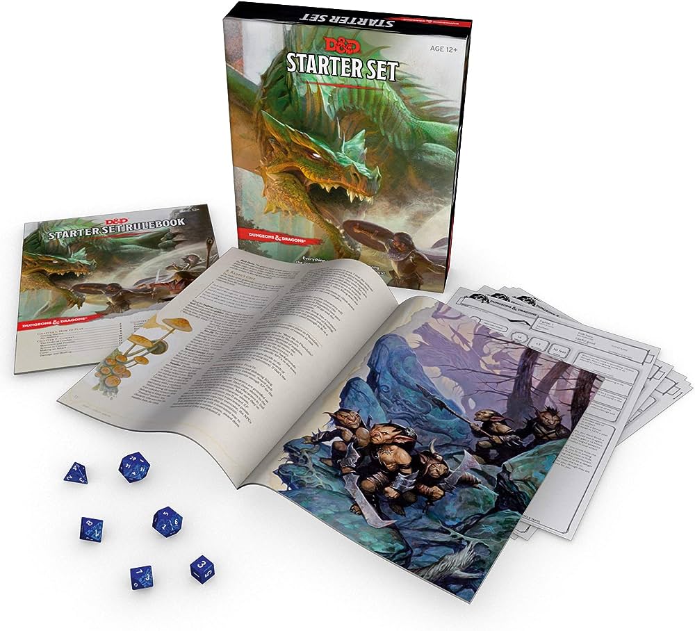 Dungeons & Dragons Starter Set med regelbok, äventyrsbok, rollformulär och blå tärningar.