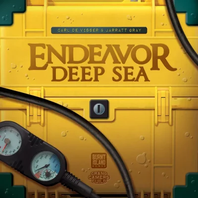 Endeavor: Deep Sea spelbox med gul undervattensutrustning och havstema.