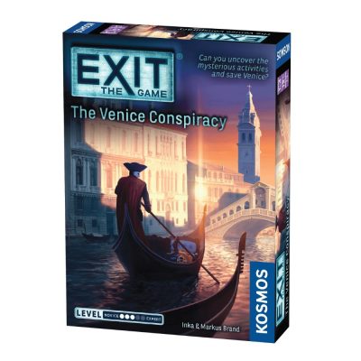 EXIT: The Venice Conspiracy spelbox med gondol och maskerad figur i Venedig.