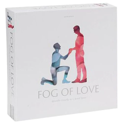 Fog of Love spelbox med minimalistisk vit design och två stiliserade figurer i blå och rosa toner.
