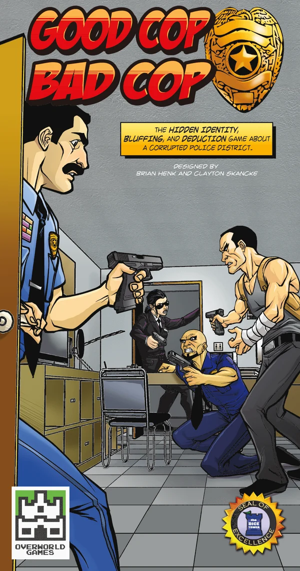 Good Cop Bad Cop spelbox med serietidningsstil och poliser i vapenriktad konfrontation.