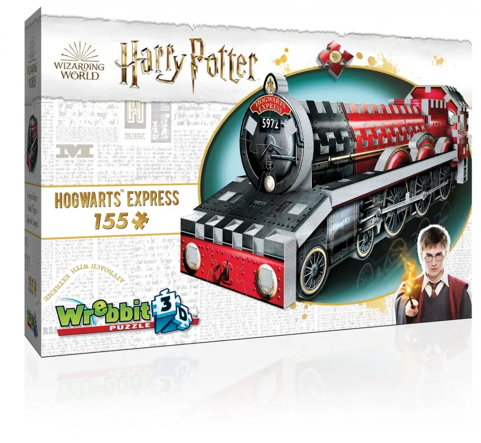 Hogwarts Express 155‑bitars 3D‑pusselbox med röd tågmodell och Harry Potter‑motiv.