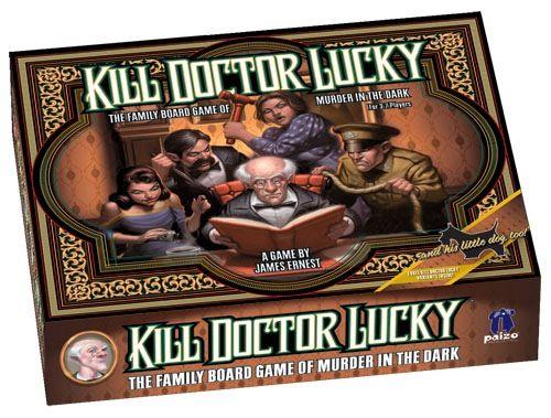 Kill Doctor Lucky spelbox med humoristisk mordmysteriedesign och karaktärer som smyger bakom Doctor Lucky.
