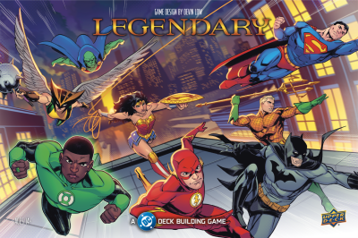 Legendary: A DC Deck‑Building Game spelbox med flera DC‑hjältar i actionpose.