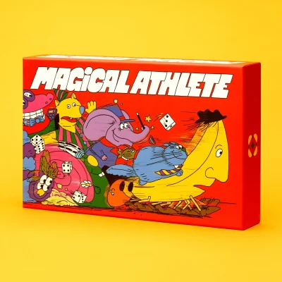 Magical Athlete spelbox med färgglada, tecknade karaktärer.