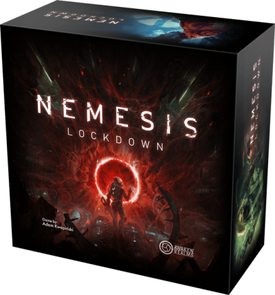 Nemesis: Lockdown spelbox med sci‑fi‑illustration av forskningsbas och röd energicirkel.