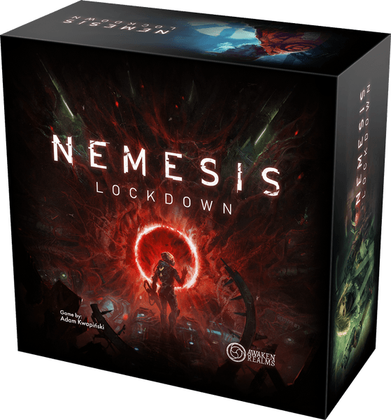 Nemesis: Lockdown spelbox med sci‑fi‑illustration av forskningsbas och röd energicirkel.