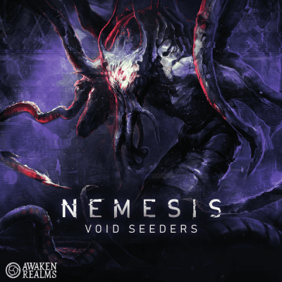 Nemesis: Void Seeders spelbox med mörk sci‑fi‑illustration av alienvarelse i lila och röda toner.
