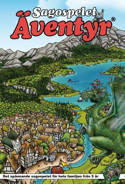 Sagospelet Äventyr spelbox med fantasifull illustration av drake, stad och äventyrare.