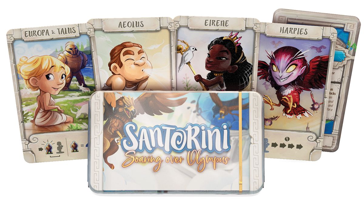 Gudakort från Santorini: Soaring over Olympus med färgstarka illustrationer.