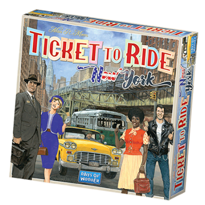 Ticket to Ride: New York spelbox med retro New York‑illustration och gula taxibilar.