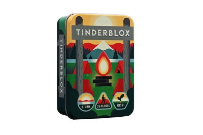 Tinderblox metallask med lägereldsillustration och spelinformation.