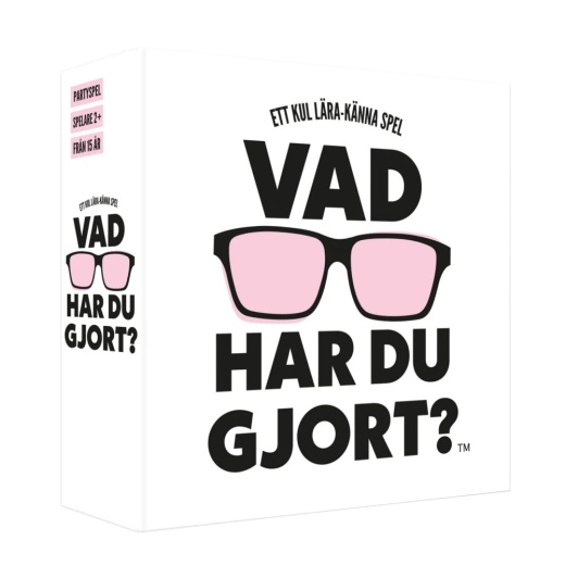 Vad har du gjort? spelbox i gult med svart text och rosa solglasögon.