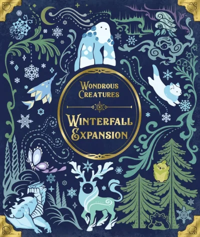 Winterfall‑box med vintertema och fantasivarelser i blå och guld.