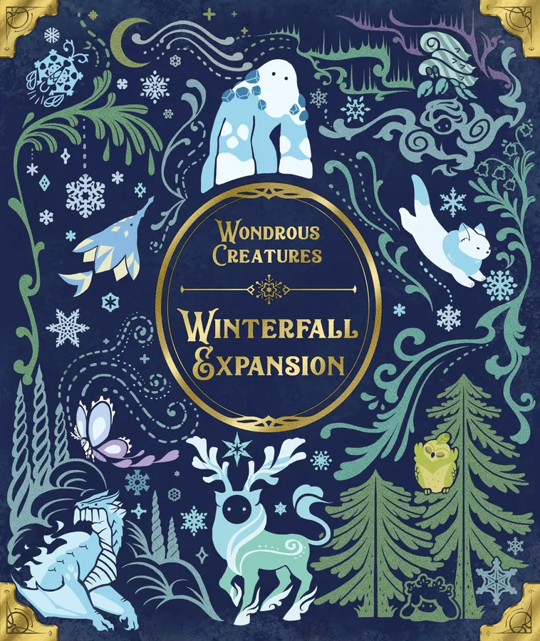 Winterfall‑box med vintertema och fantasivarelser i blå och guld.