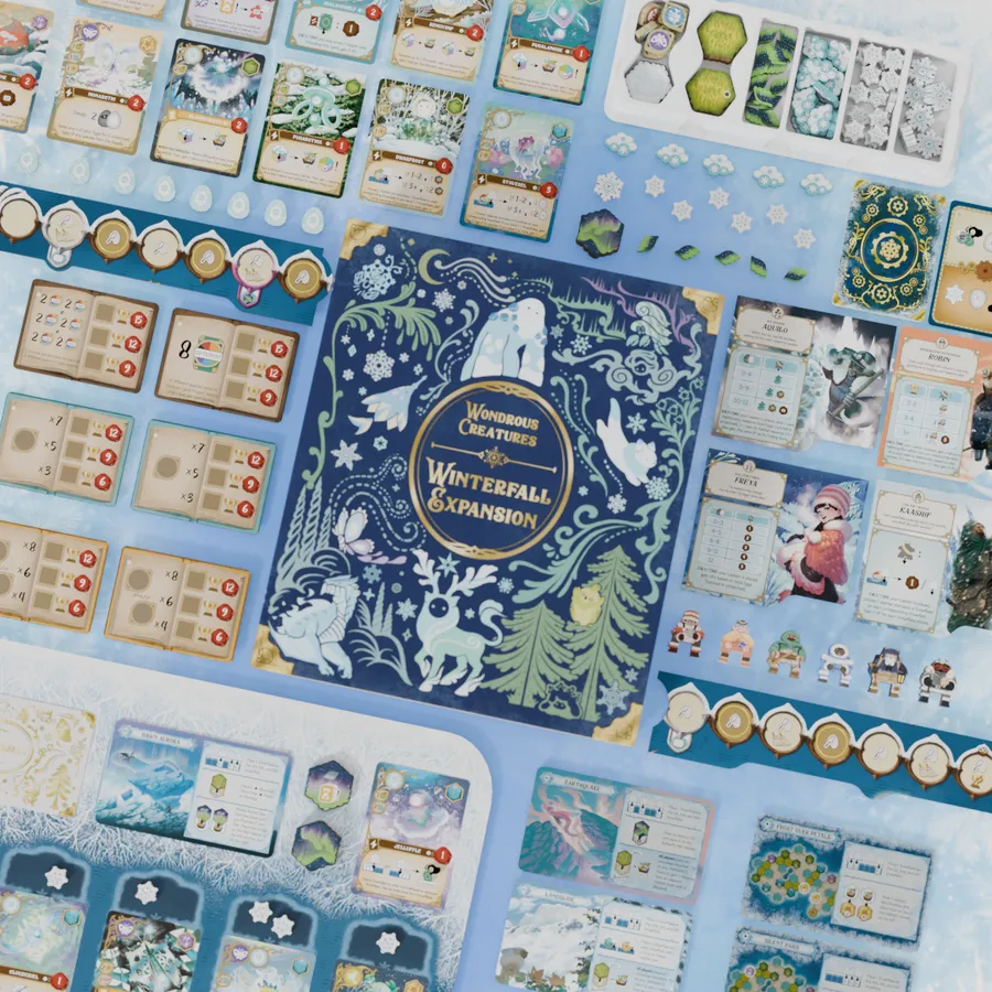 Winterfall‑komponenter med kort, tokens och spelbrädesdelar.