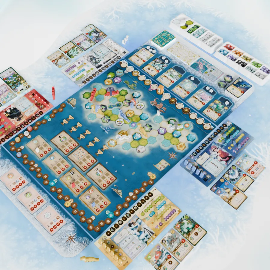 Winterfall speluppställning med bräde, kort och markörer.