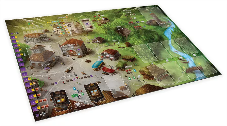 Architects of the West Kingdom spelplan med medeltida stad och arbetsplatser.