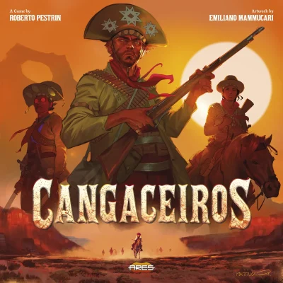 Cangaceiros spelbox med banditer i solnedgång över brasilianskt landskap.