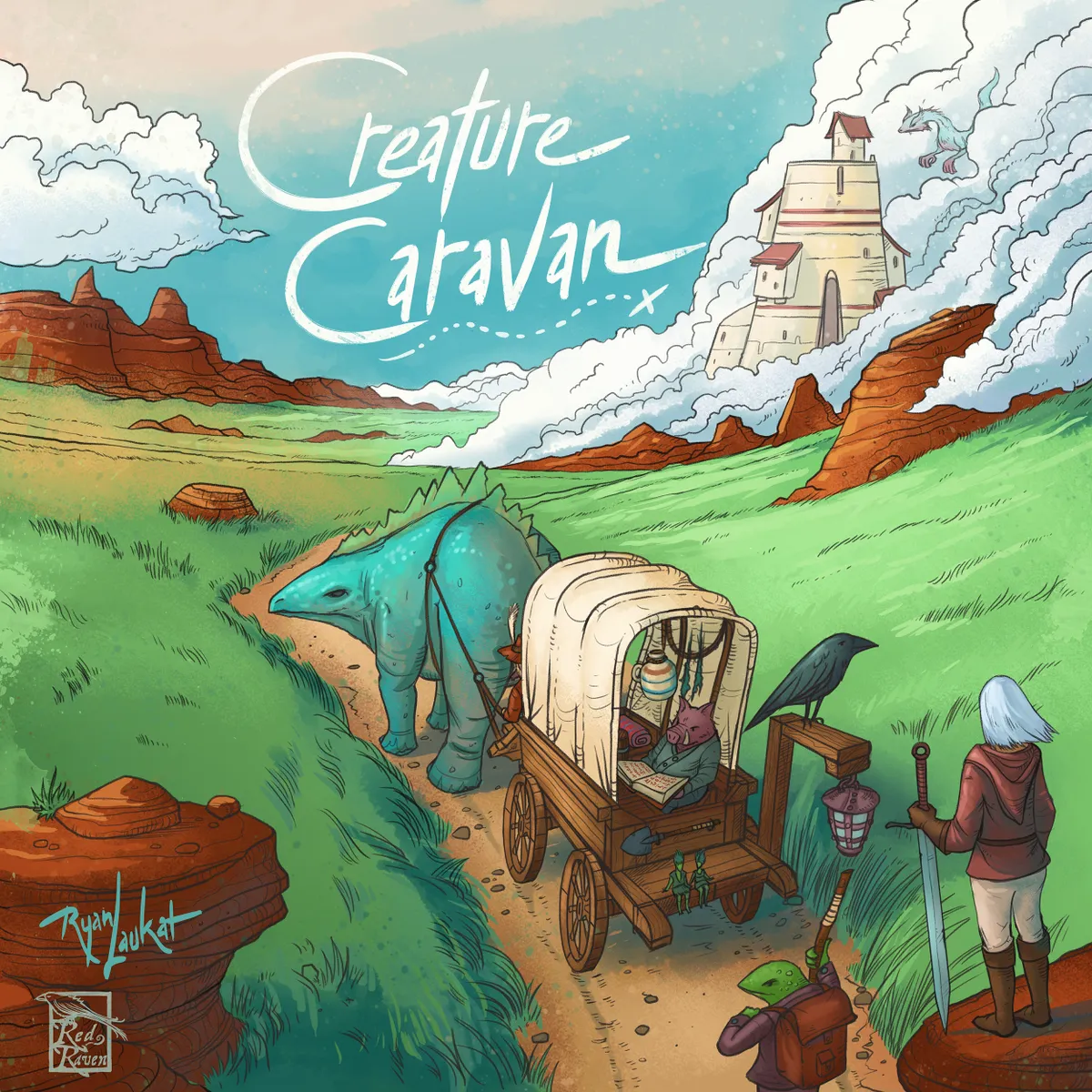 Creature Caravan spelbox med karavan, fantasivarelser och ökenlandskap.