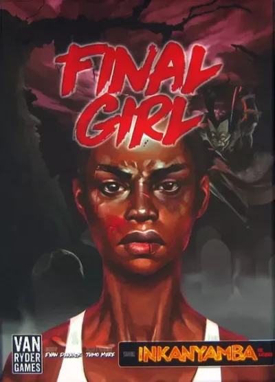 Final Girl Slaughter in the Groves spelbox med huvudpersonen och mörk siluett bakom.