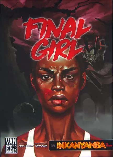 Final Girl Slaughter in the Groves spelbox med huvudpersonen och mörk siluett bakom.