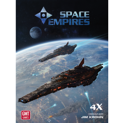 Space Empires 4X spelbox med rymdskepp i omloppsbana runt planet.